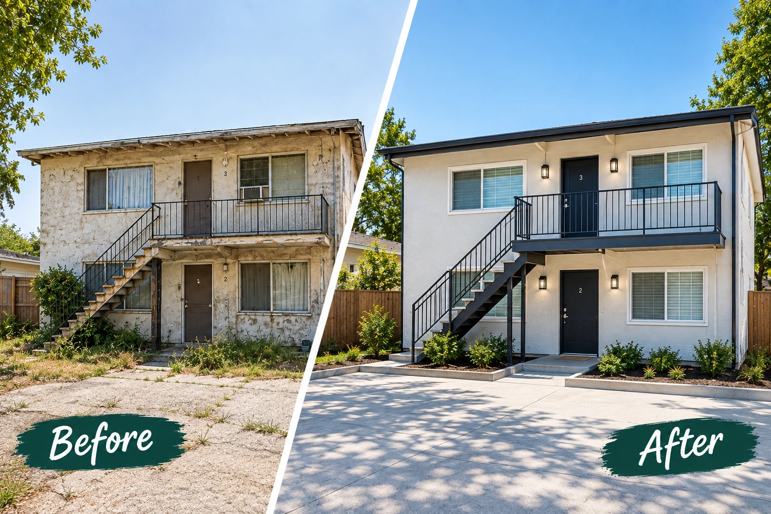 Roseland 3-unit rental property before and after